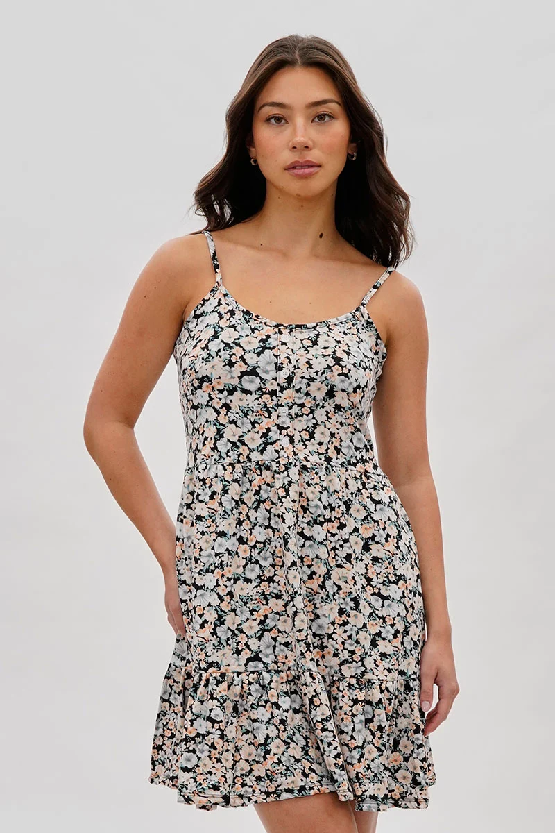 Vintage Floral Tiered Day Dress - Black