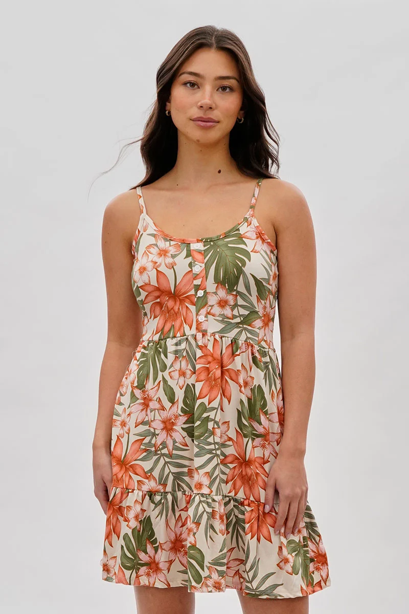 Vintage Floral Tiered Day Dress - Beige