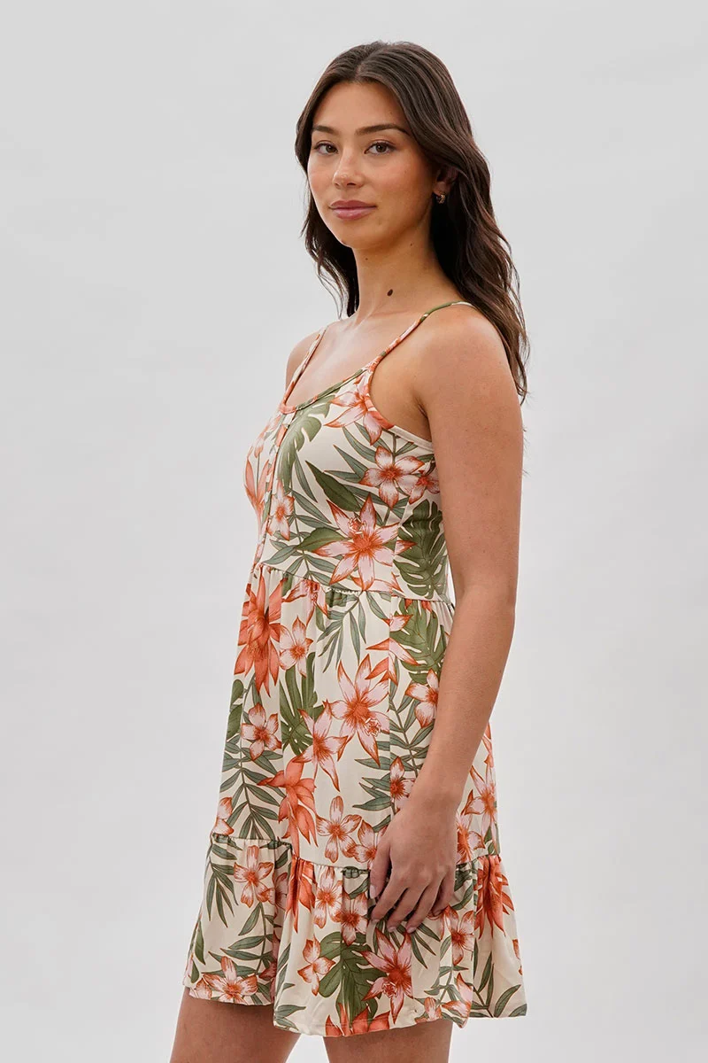 Vintage Floral Tiered Day Dress - Beige - Image 2