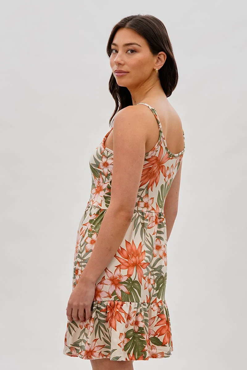 Vintage Floral Tiered Day Dress - Beige - Image 3