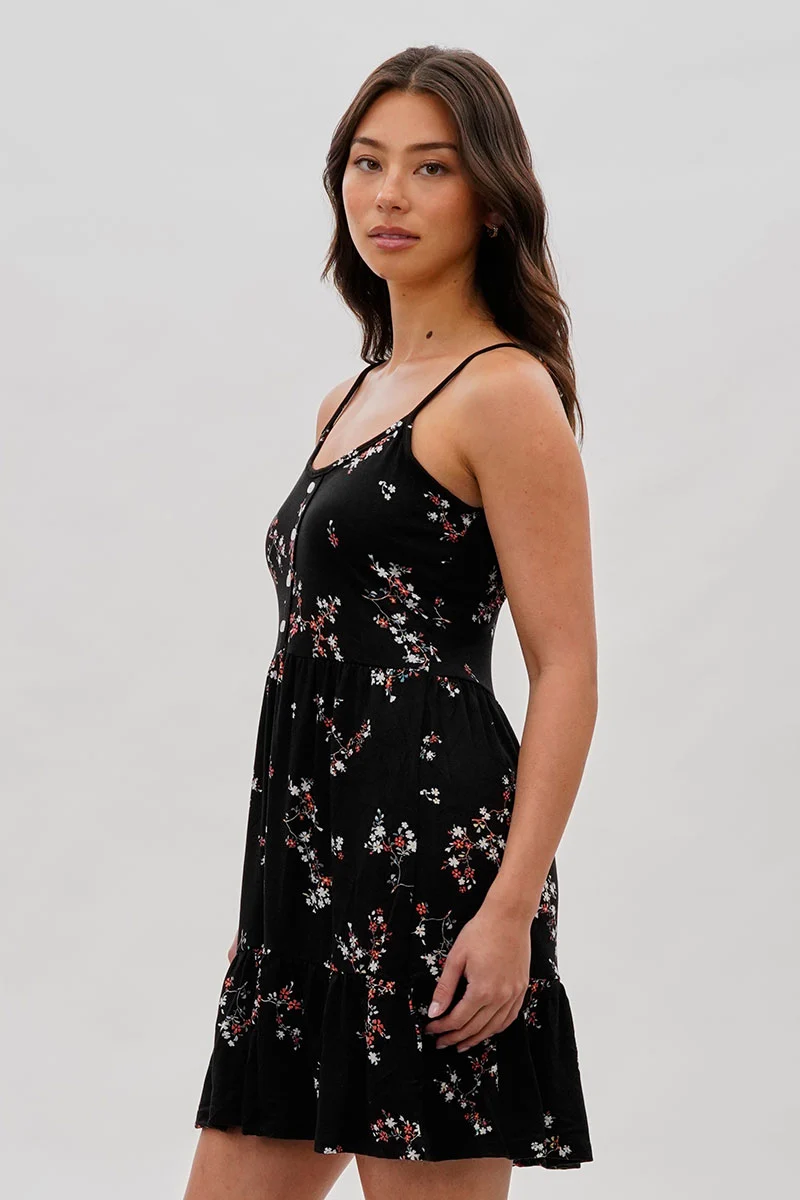 Vintage Floral Henley Day Dress - Black - Image 2