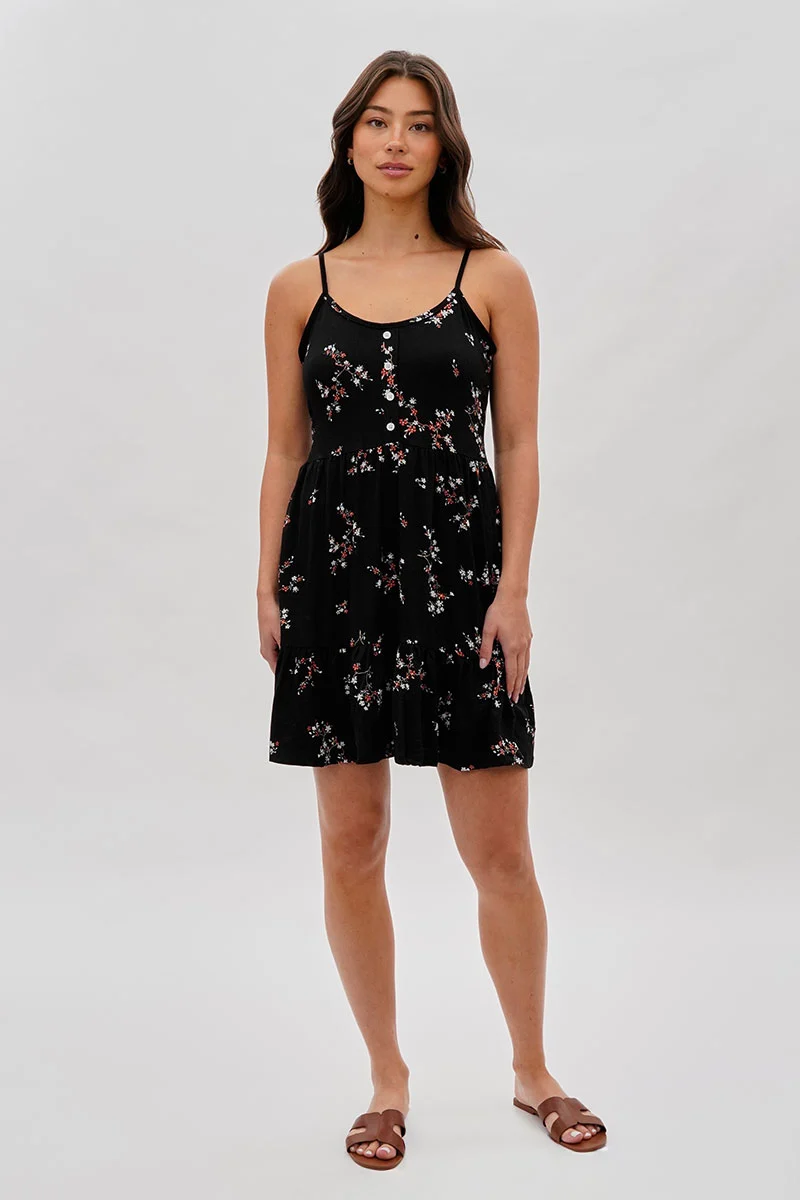 Vintage Floral Henley Day Dress - Black - Image 5