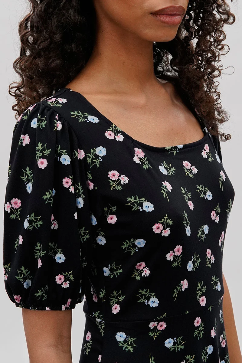 Floral Square Neck Day Dress - Black - Image 4