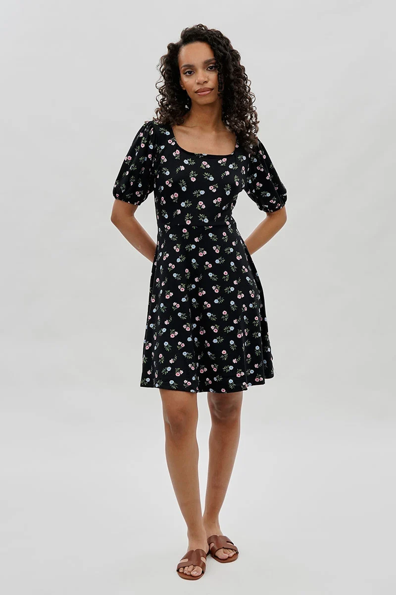 Floral Square Neck Day Dress - Black - Image 5