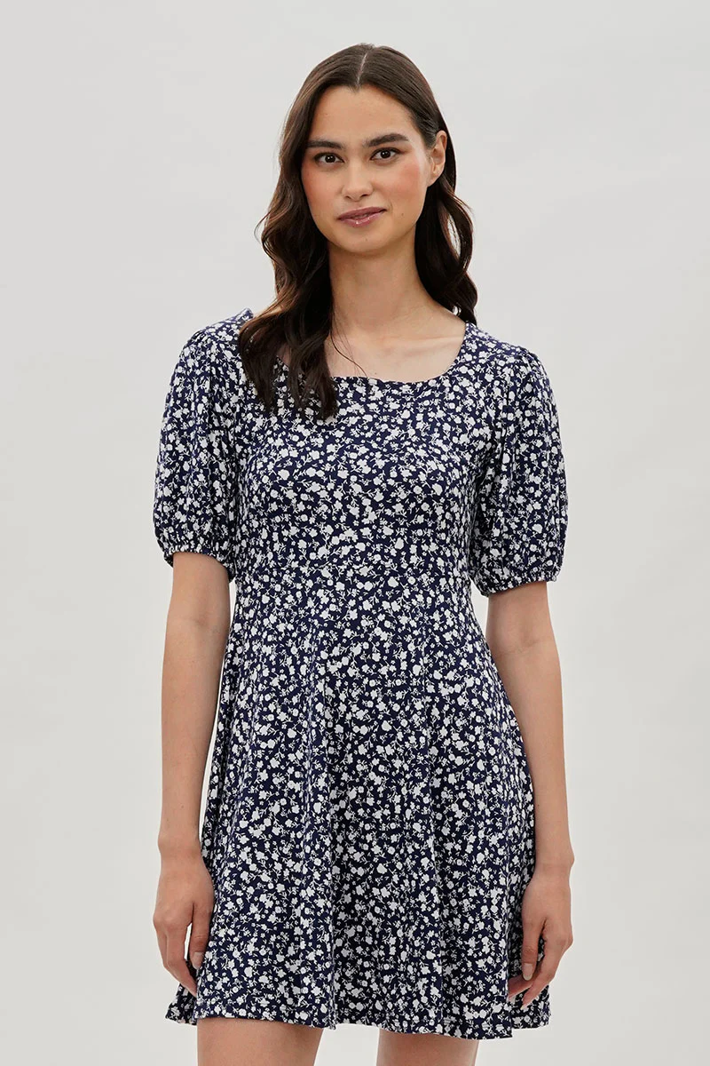 Floral Puff Sleeve Day Dress - Navy