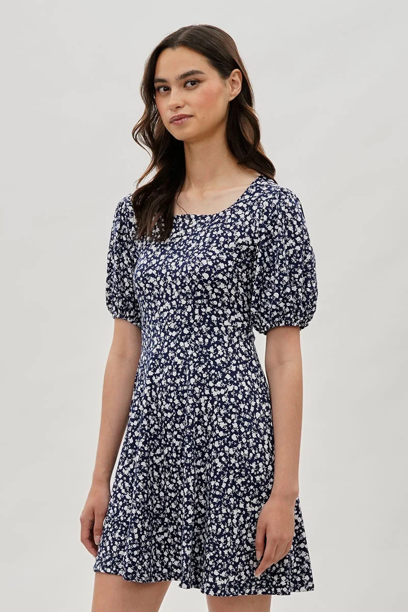 Floral Puff Sleeve Day Dress - Navy - Image 2