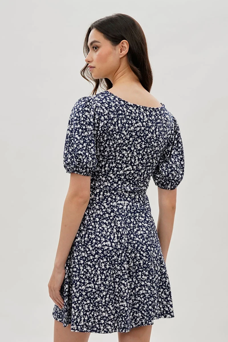 Floral Puff Sleeve Day Dress - Navy - Image 3