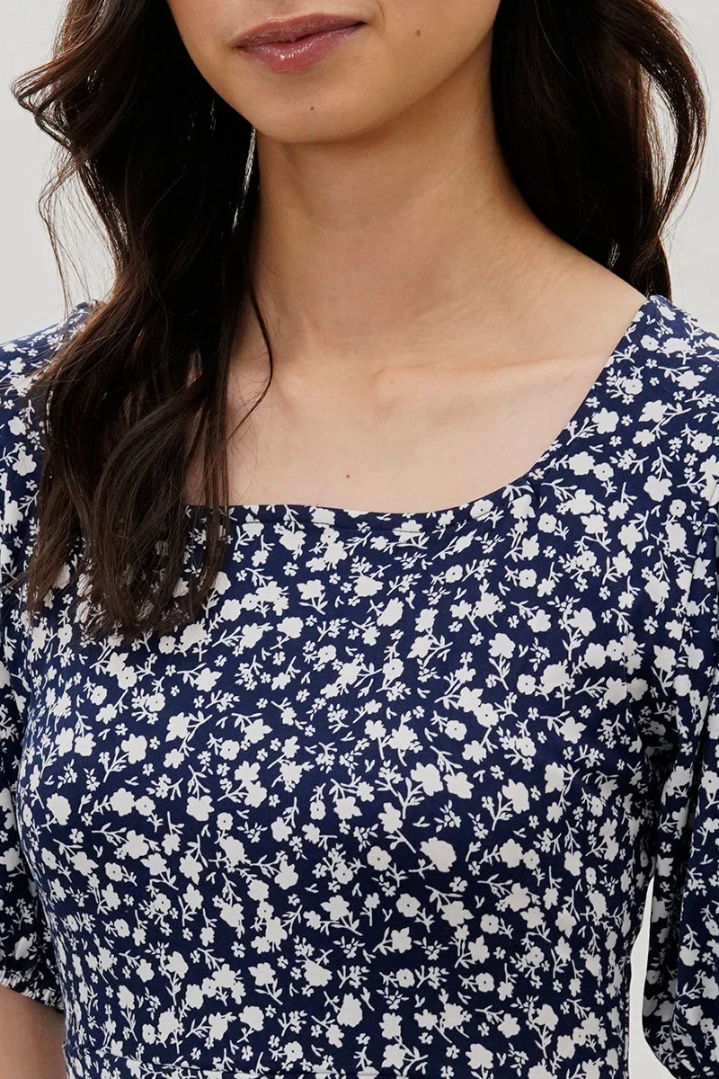 Floral Puff Sleeve Day Dress - Navy - Image 4