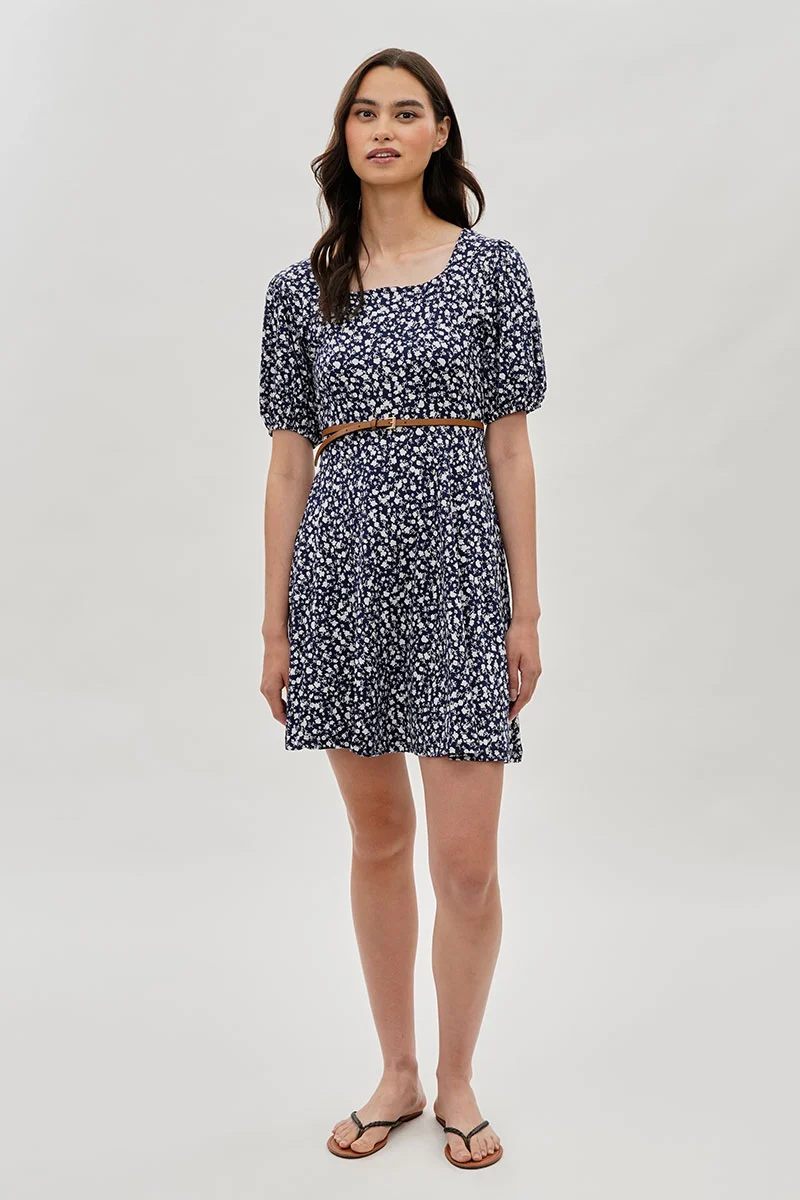 Floral Puff Sleeve Day Dress - Navy - Image 5