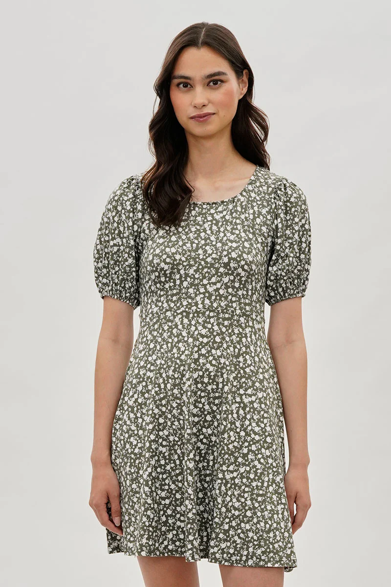 Floral Puff Sleeve Day Dress - Olive