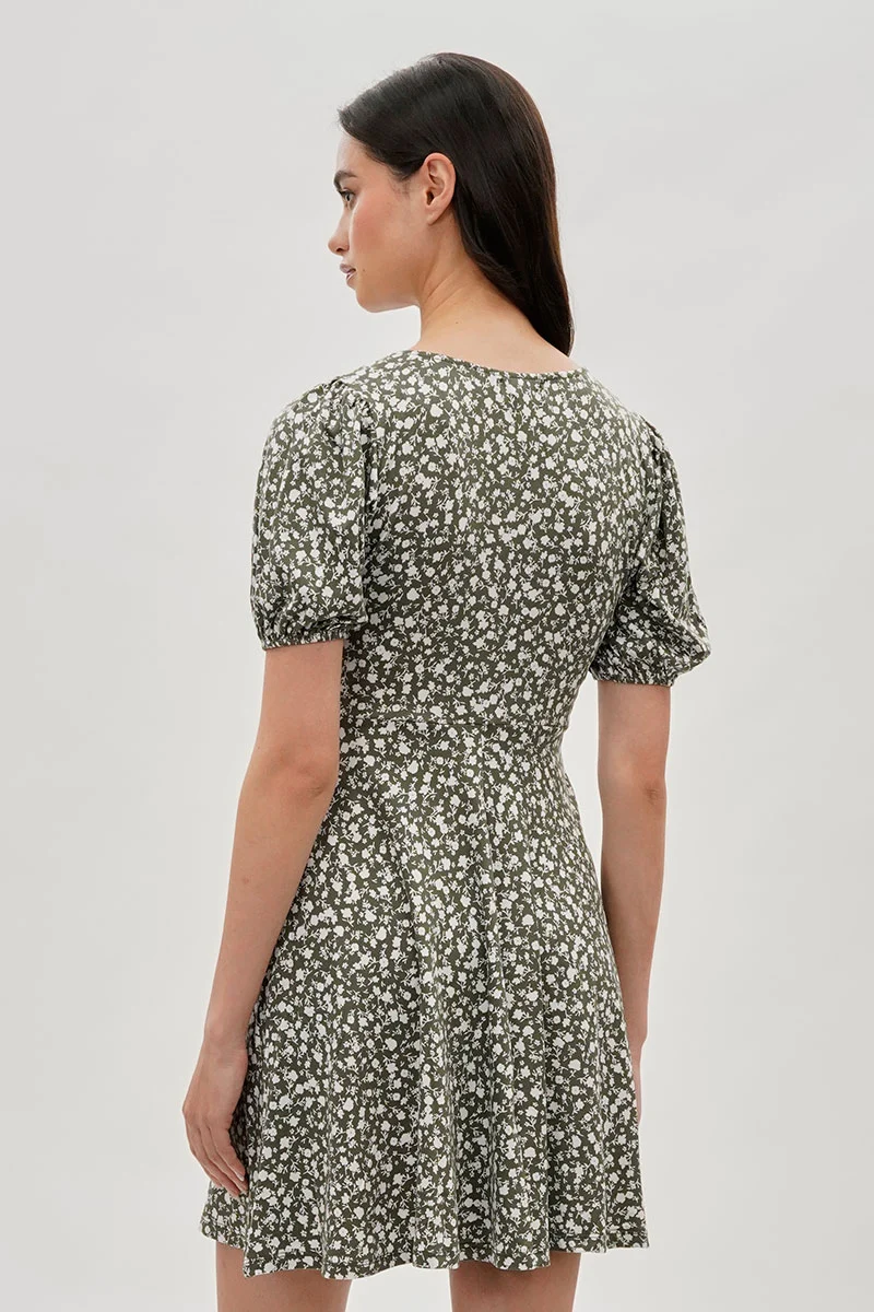 Floral Puff Sleeve Day Dress - Olive - Image 3