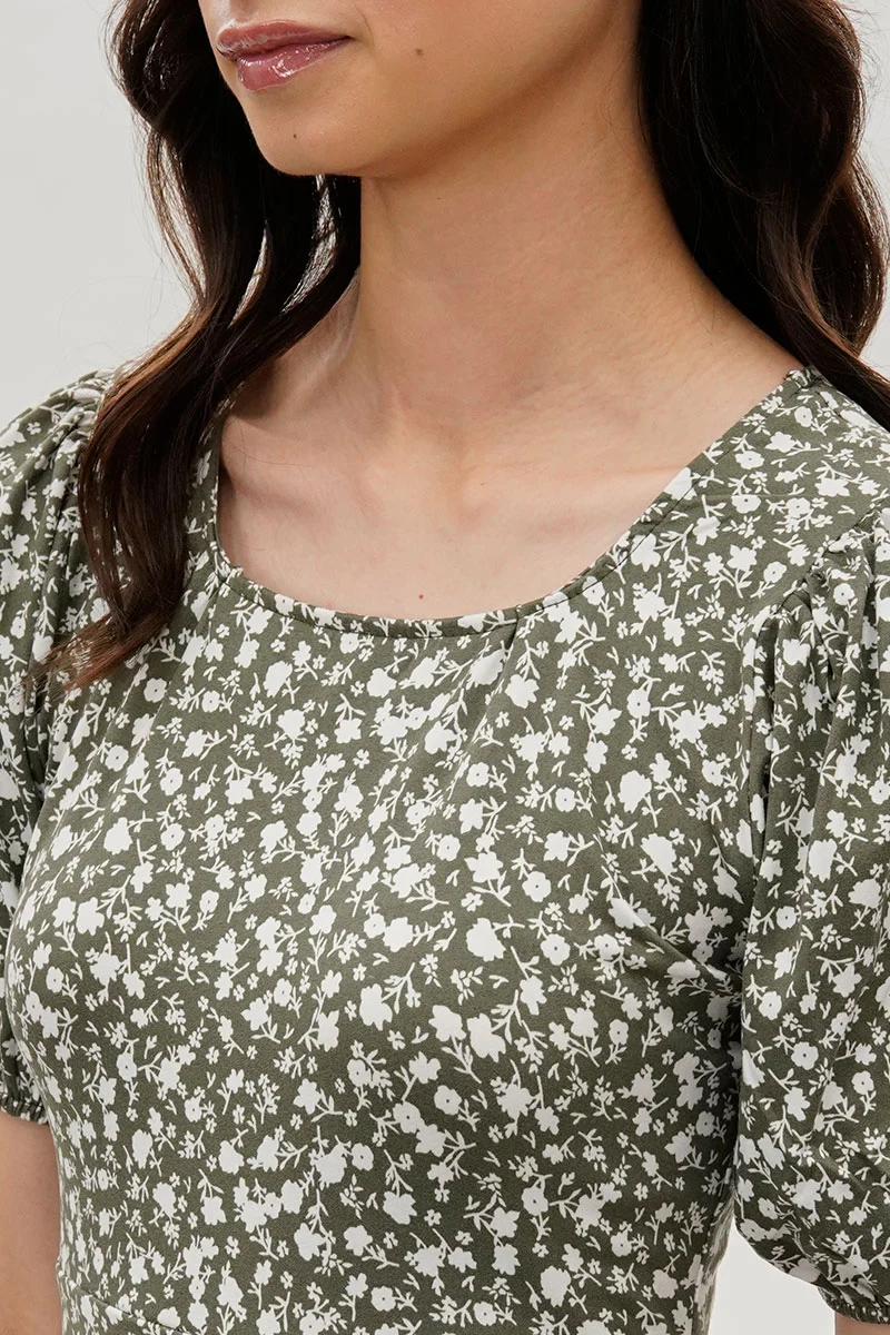 Floral Puff Sleeve Day Dress - Olive - Image 4