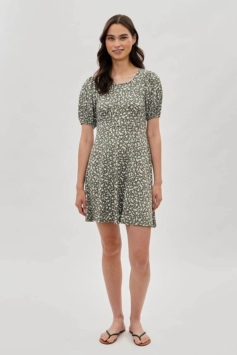 Floral Puff Sleeve Day Dress - Olive - Image 5