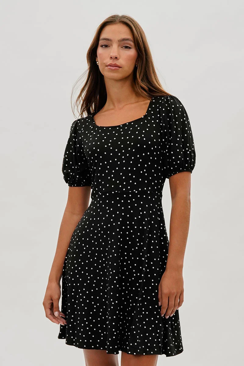 Dotted Square Neck Day Dress - Black