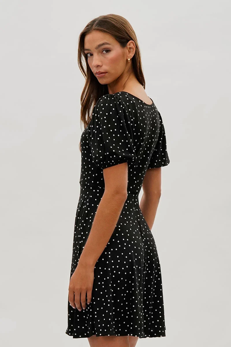 Dotted Square Neck Day Dress - Black - Image 3