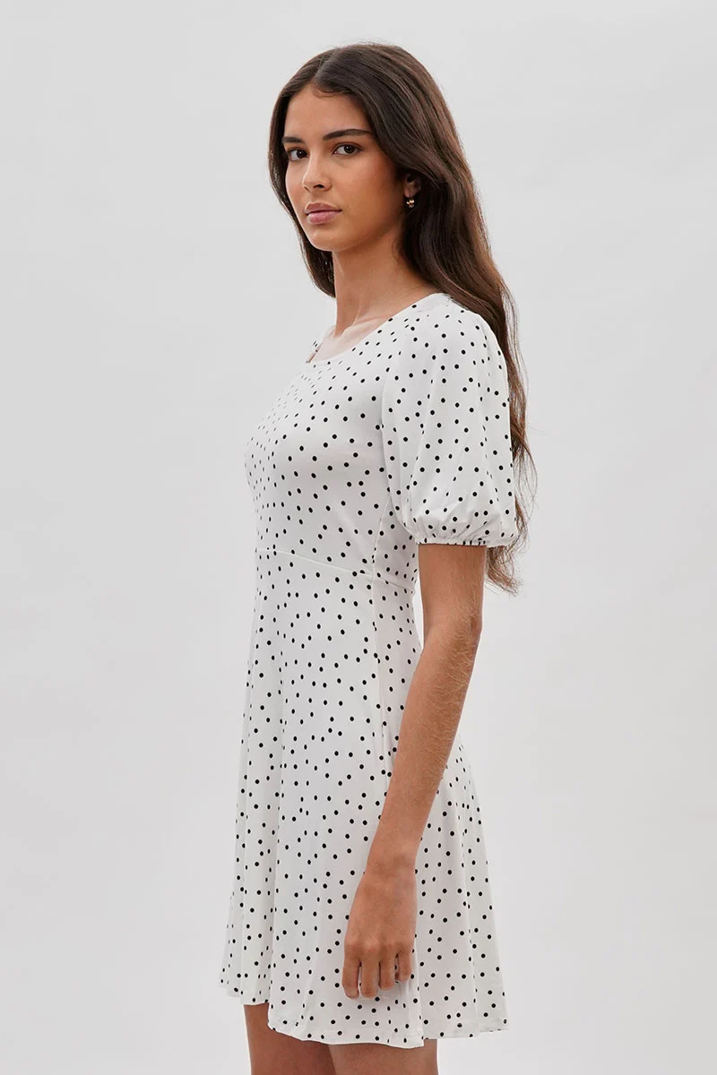 Polka Dot Print Square Neck Day Dress - White - Image 2