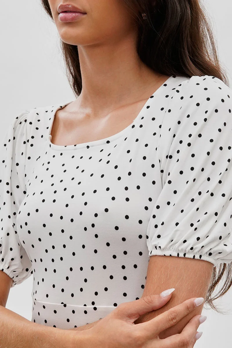 Polka Dot Print Square Neck Day Dress - White - Image 4