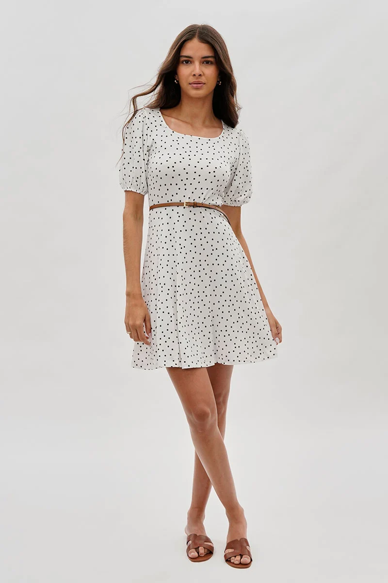 Polka Dot Print Square Neck Day Dress - White - Image 5