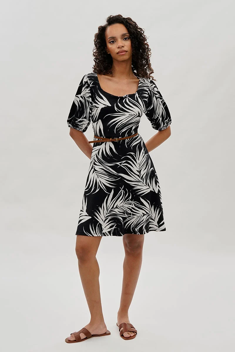 Leaf Print Square Neck Day Dress - Black - Image 5