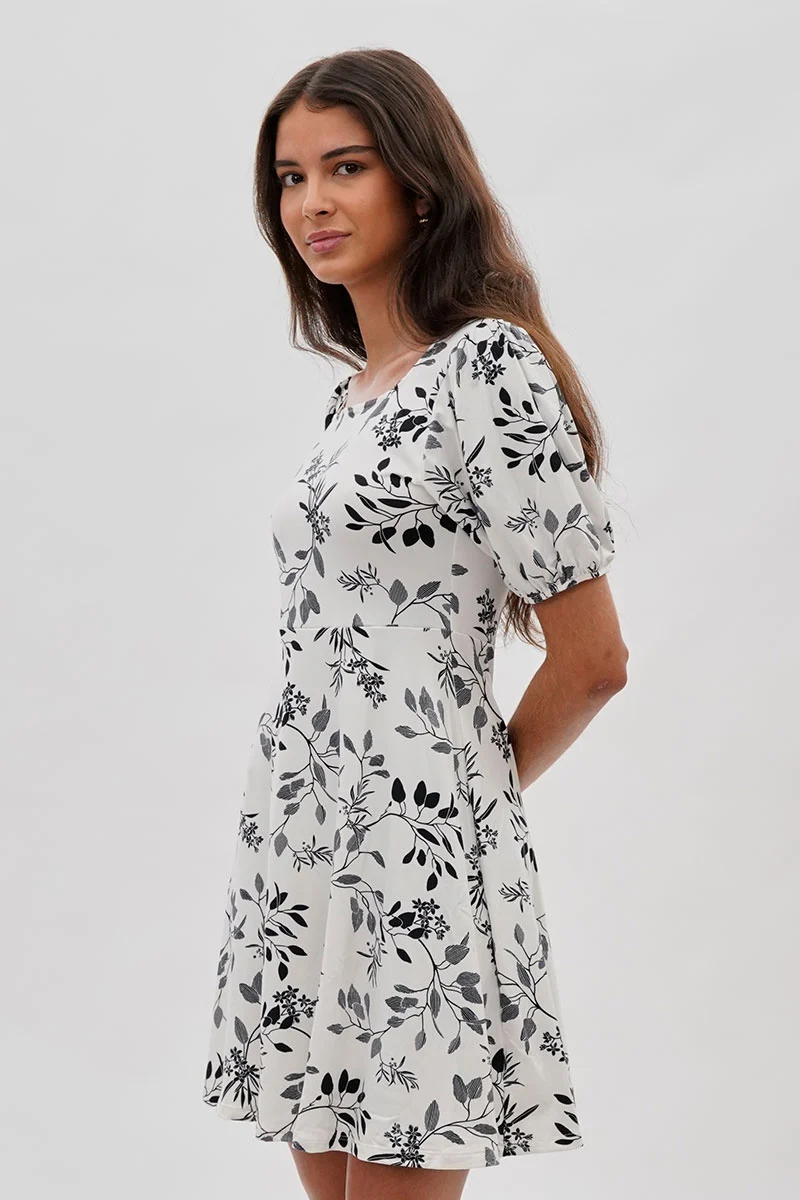 Leaf Print Square Neck Day Dress - White - Image 2