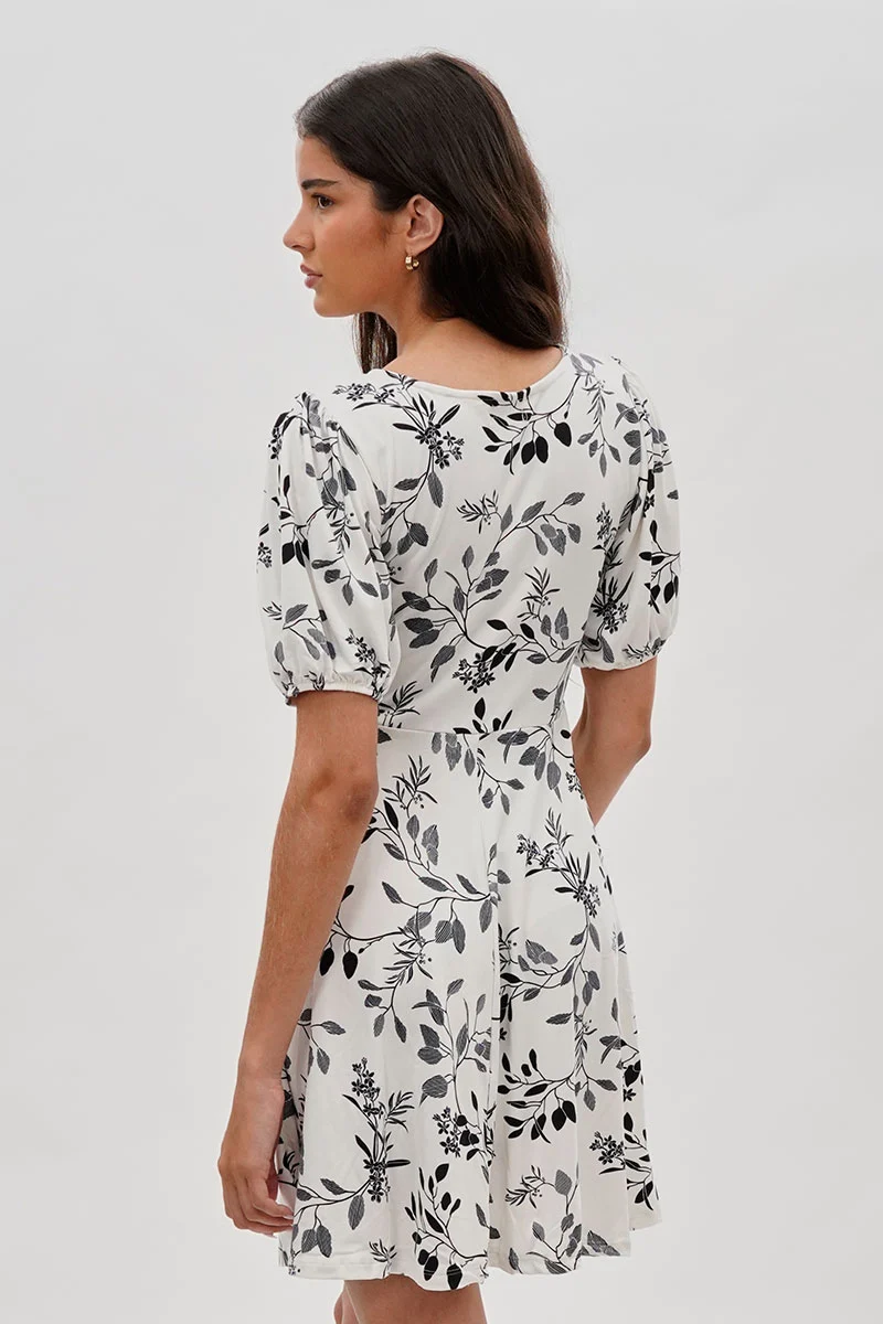Leaf Print Square Neck Day Dress - White - Image 3
