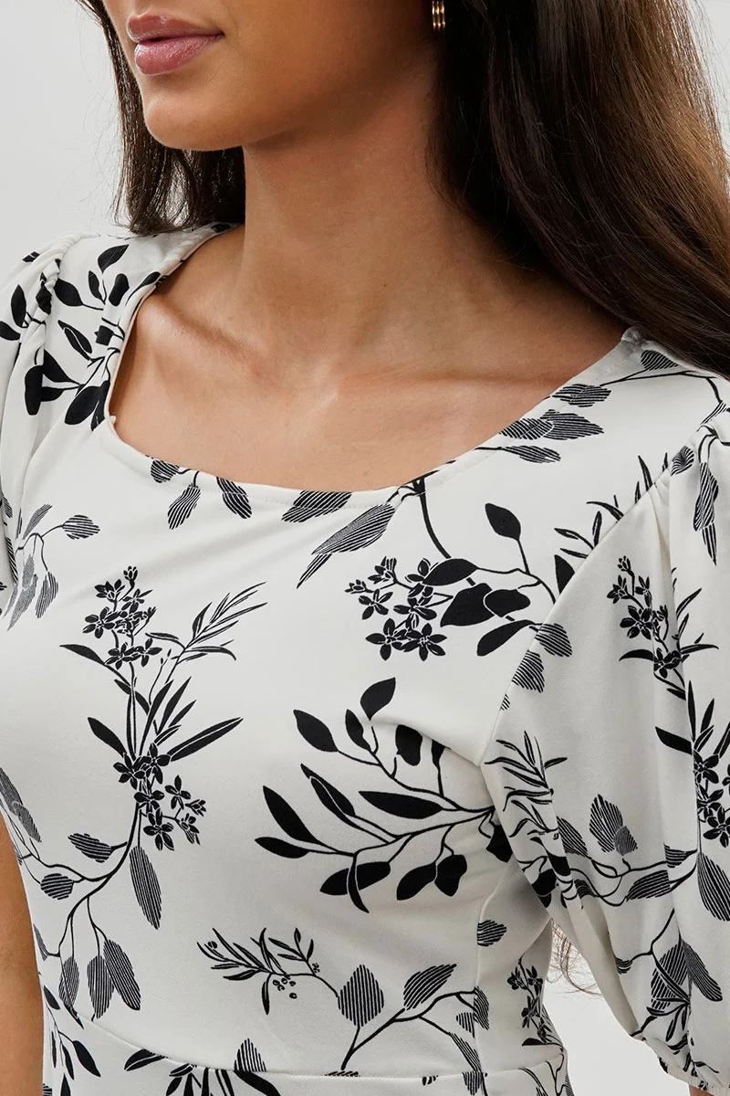 Leaf Print Square Neck Day Dress - White - Image 4