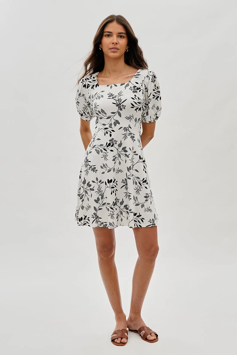 Leaf Print Square Neck Day Dress - White - Image 5