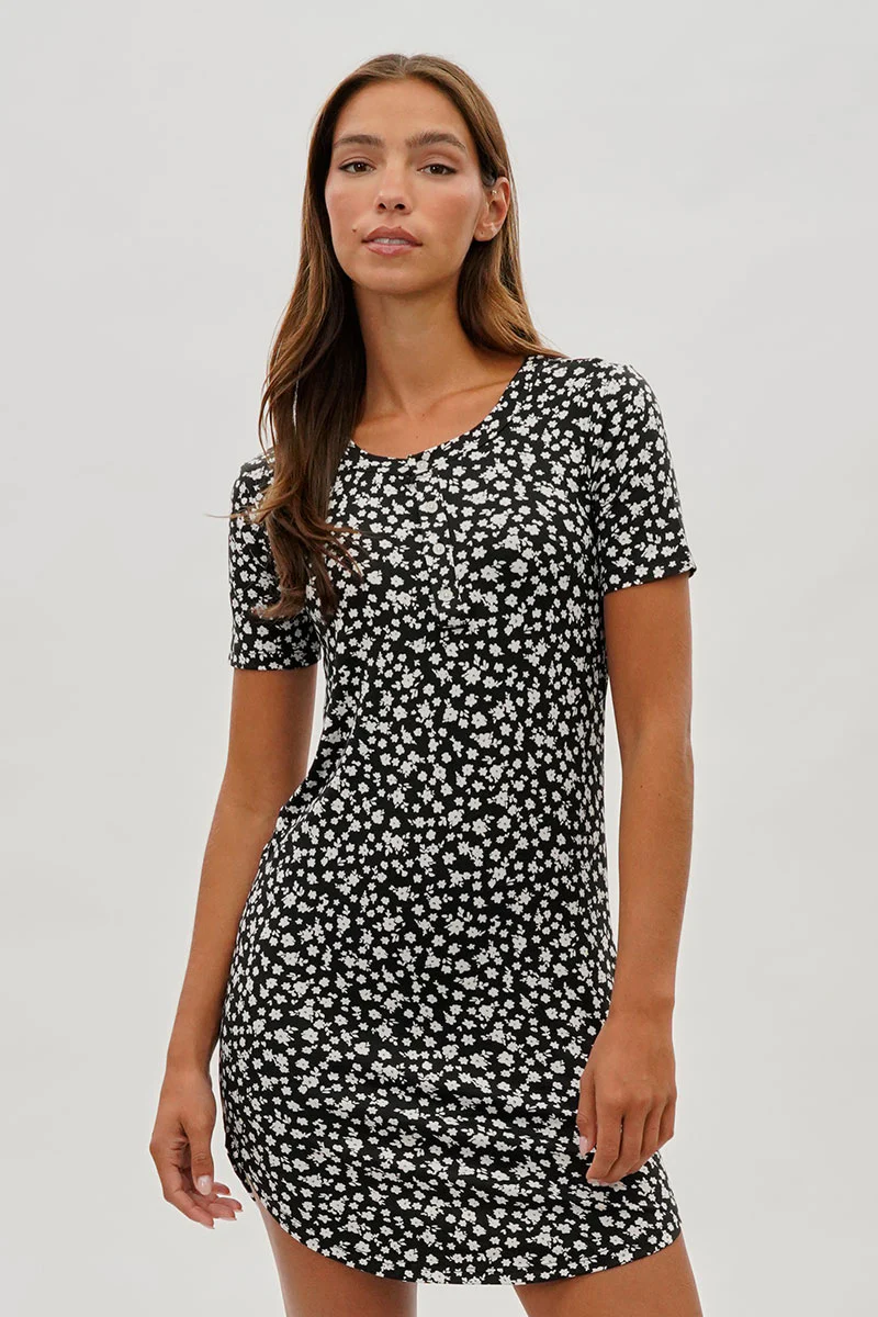 Floral Short Sleeve Henley Day Dress - Black