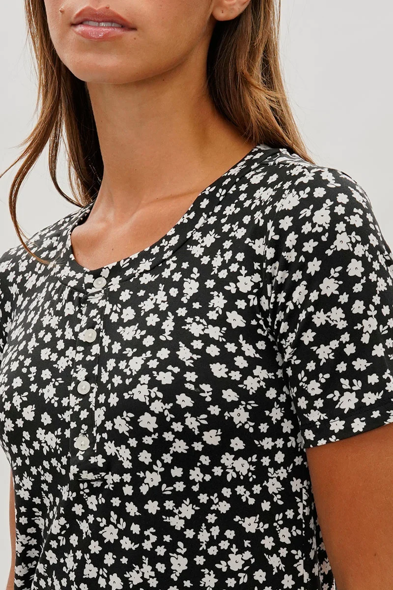 Floral Short Sleeve Henley Day Dress - Black - Image 4