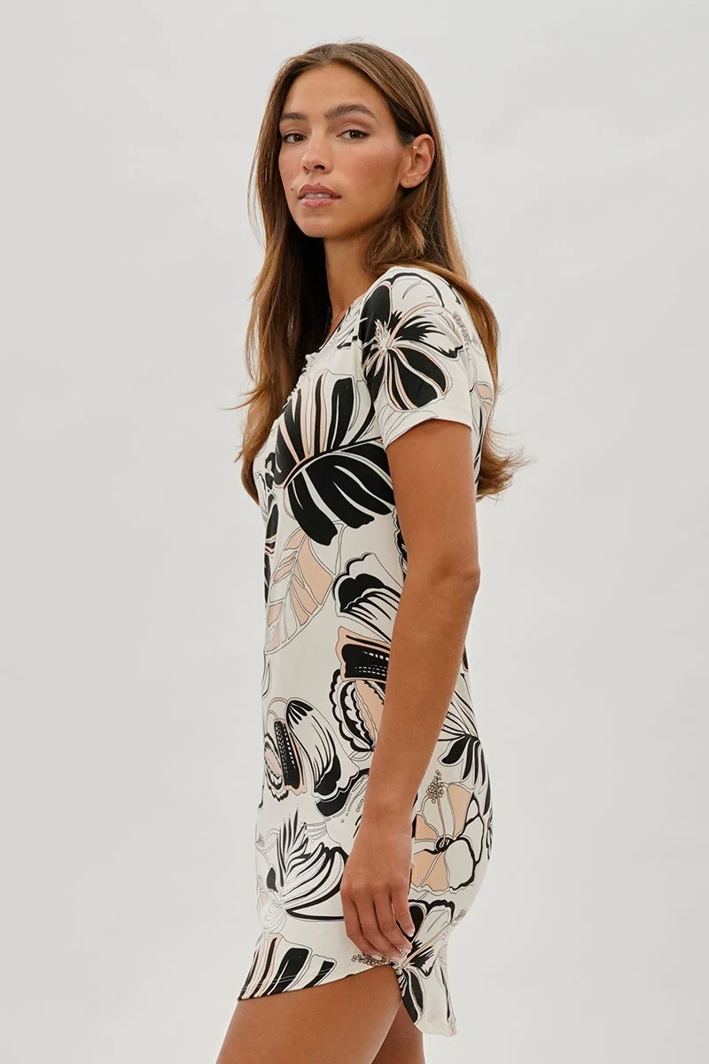 Leaf Print Short Sleeve Henley Day Dress - Cream - Image 2