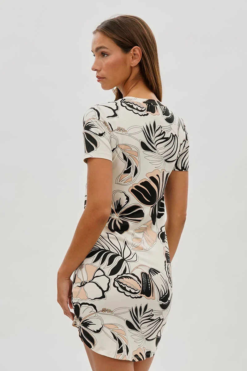 Leaf Print Short Sleeve Henley Day Dress - Cream - Image 3