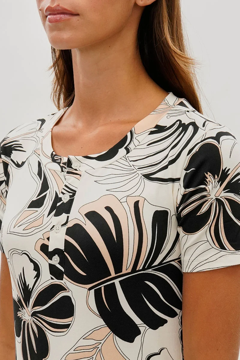 Leaf Print Short Sleeve Henley Day Dress - Cream - Image 4