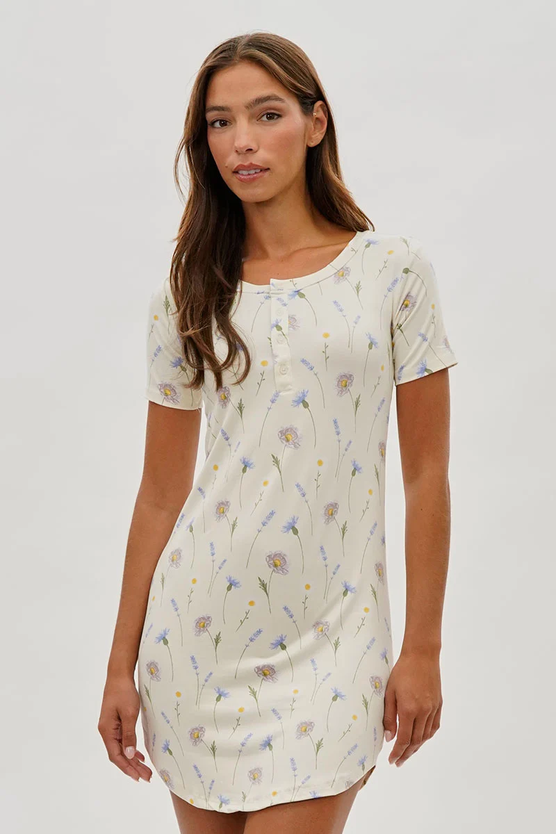 Floral Short Sleeve Henley Day Dress - Cream