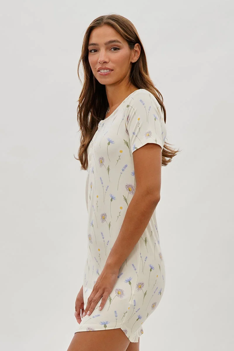 Floral Short Sleeve Henley Day Dress - Cream - Image 2