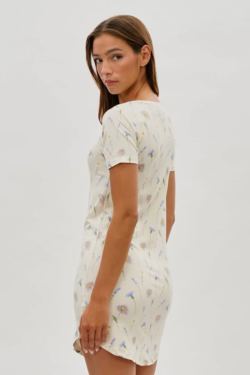 Floral Short Sleeve Henley Day Dress - Cream - Image 3