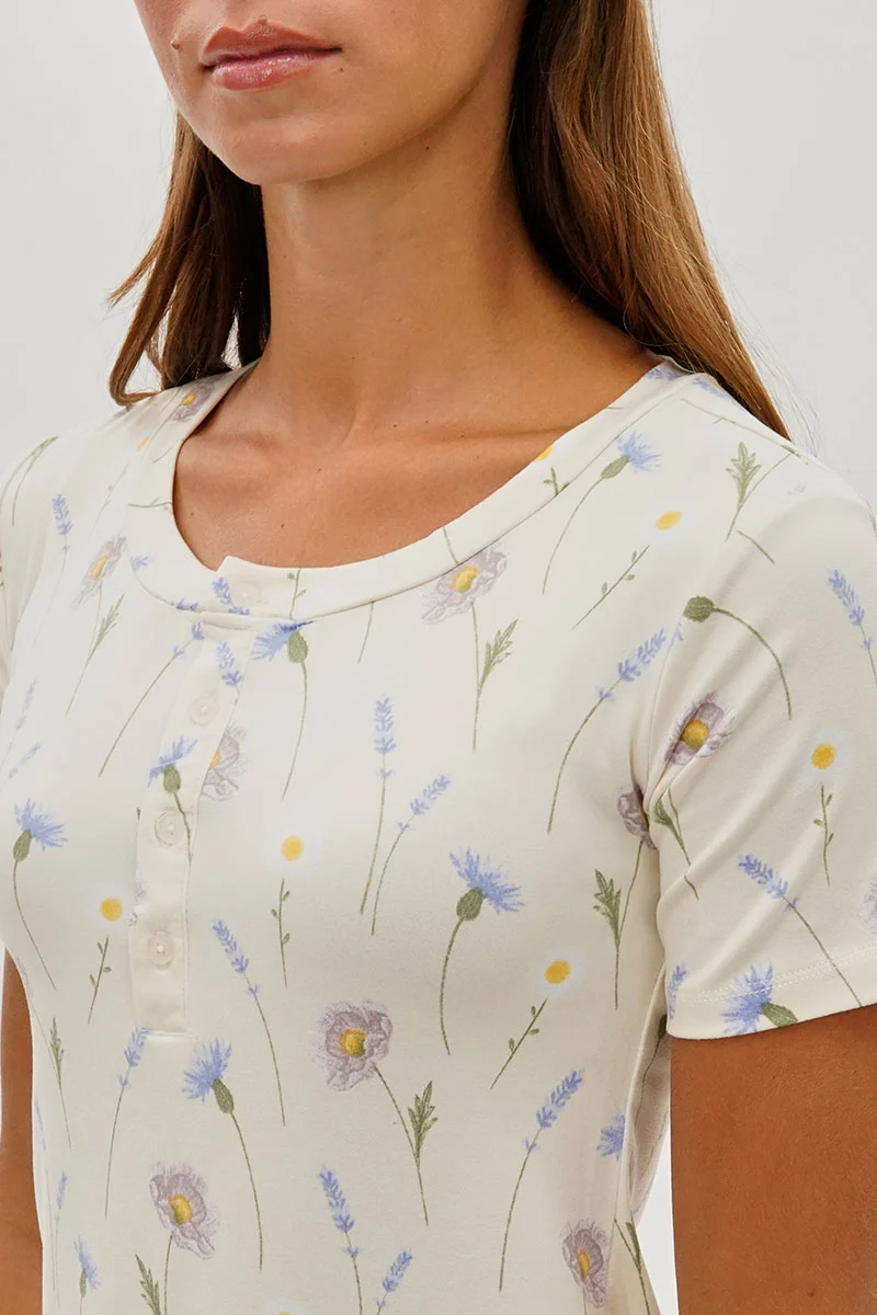 Floral Short Sleeve Henley Day Dress - Cream - Image 4