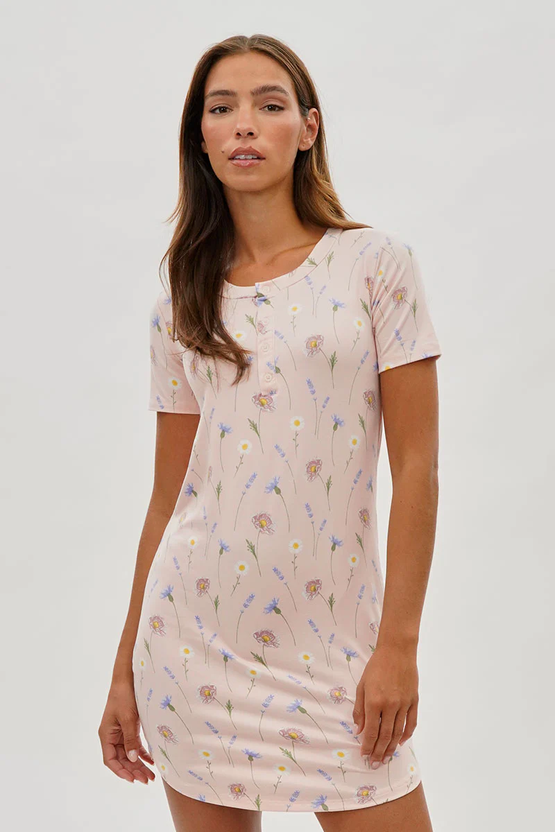 Floral Short Sleeve Henley Day Dress - Pink