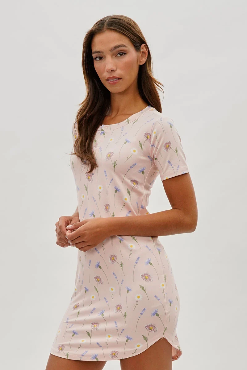 Floral Short Sleeve Henley Day Dress - Pink - Image 2