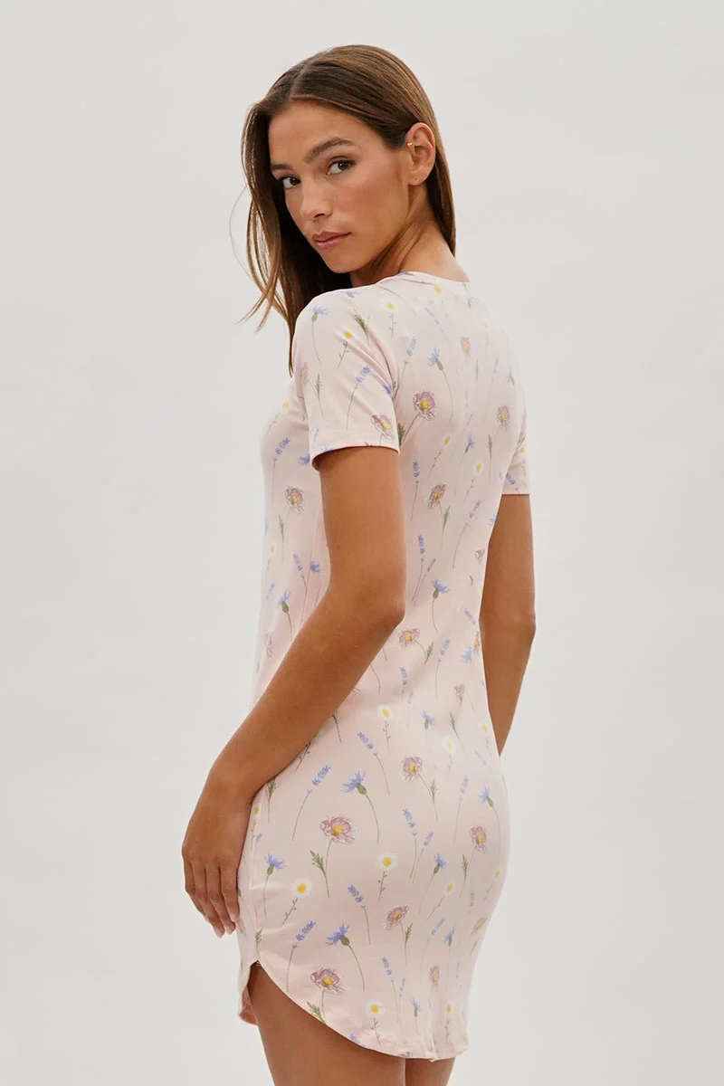Floral Short Sleeve Henley Day Dress - Pink - Image 3