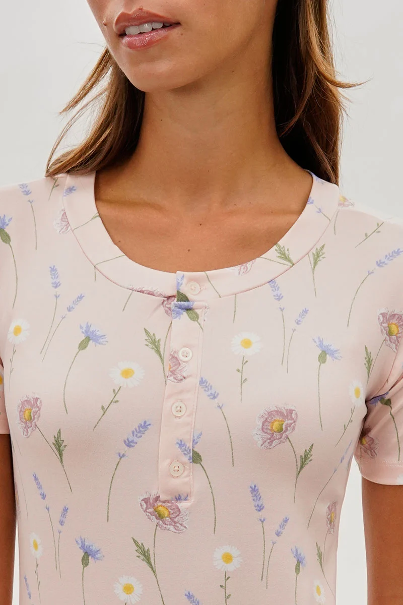 Floral Short Sleeve Henley Day Dress - Pink - Image 4