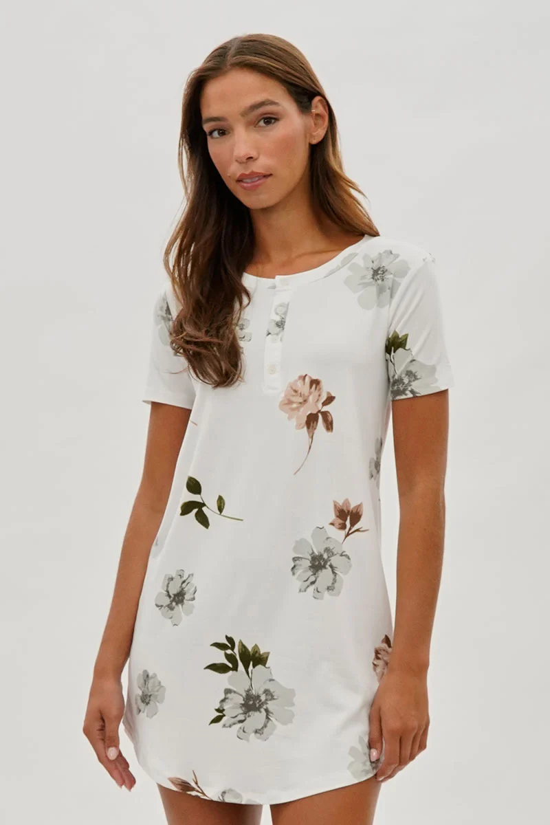 Floral Short Sleeve Henley Day Dress - White