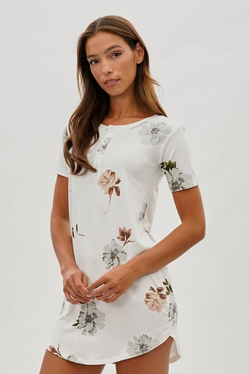 Floral Short Sleeve Henley Day Dress - White - Image 2