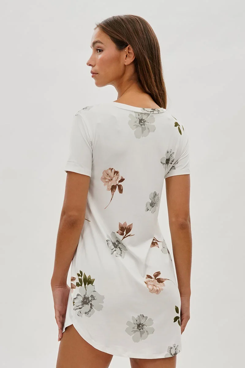 Floral Short Sleeve Henley Day Dress - White - Image 3
