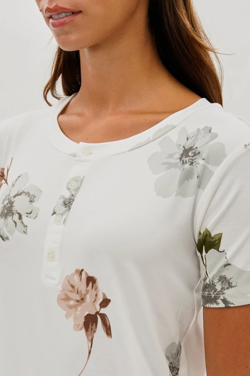 Floral Short Sleeve Henley Day Dress - White - Image 4