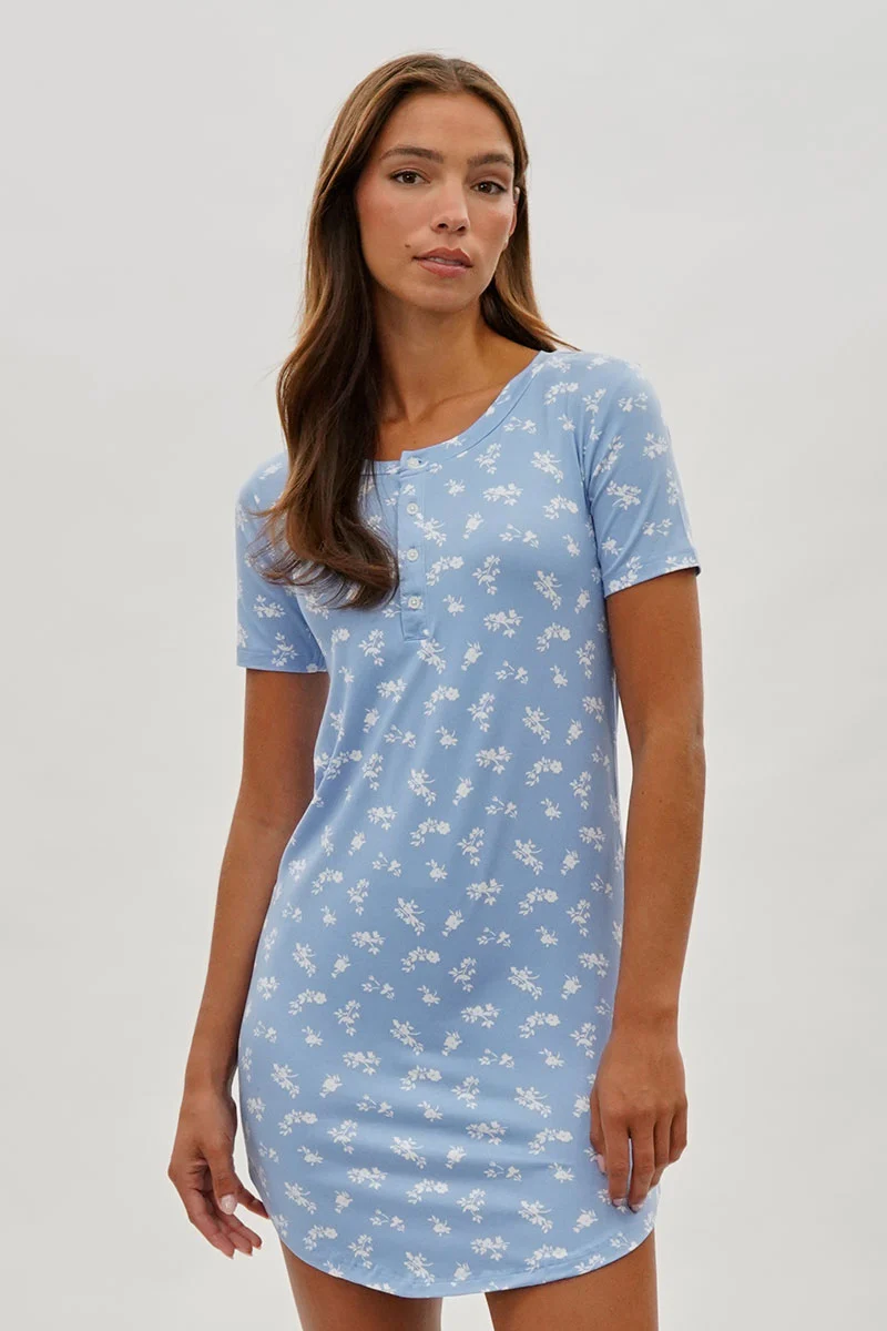 Floral Short Sleeve Henley Day Dress - Blue