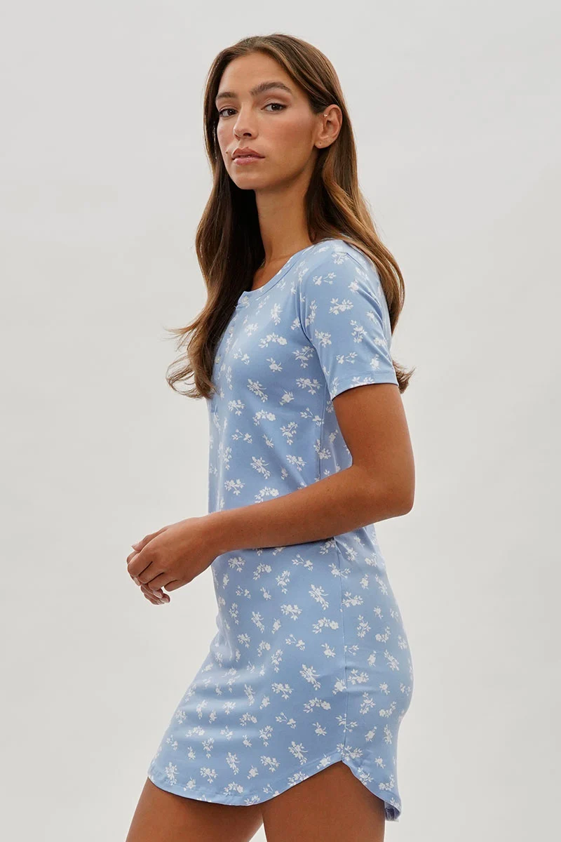 Floral Short Sleeve Henley Day Dress - Blue - Image 2