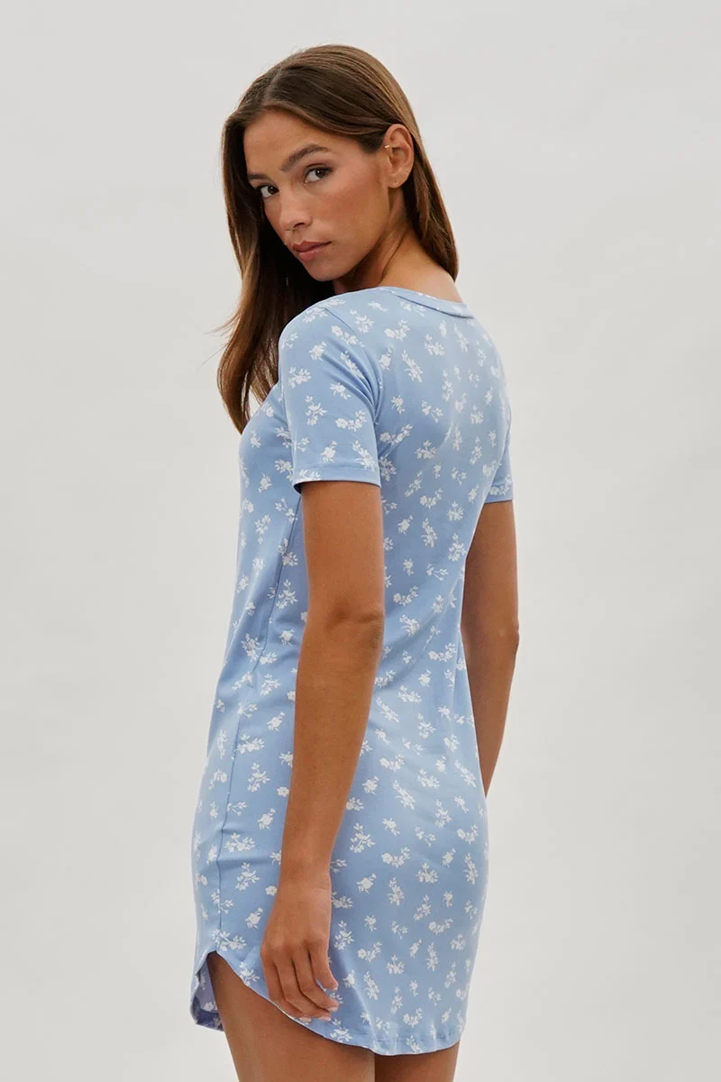 Floral Short Sleeve Henley Day Dress - Blue - Image 3