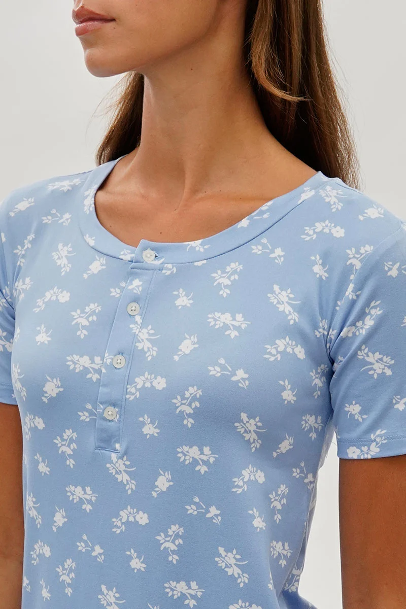 Floral Short Sleeve Henley Day Dress - Blue - Image 4