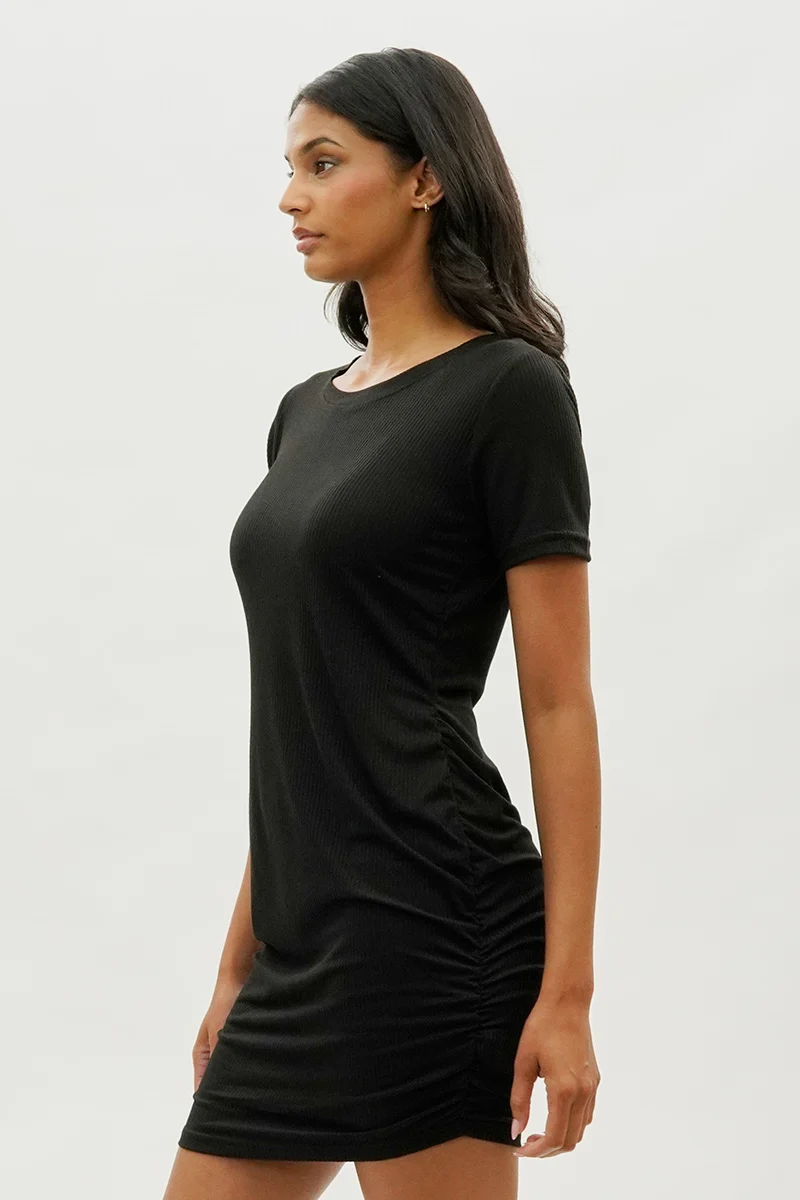 Ribbed Short Sleeve Ruched Side Day Dress - Black - Image 2