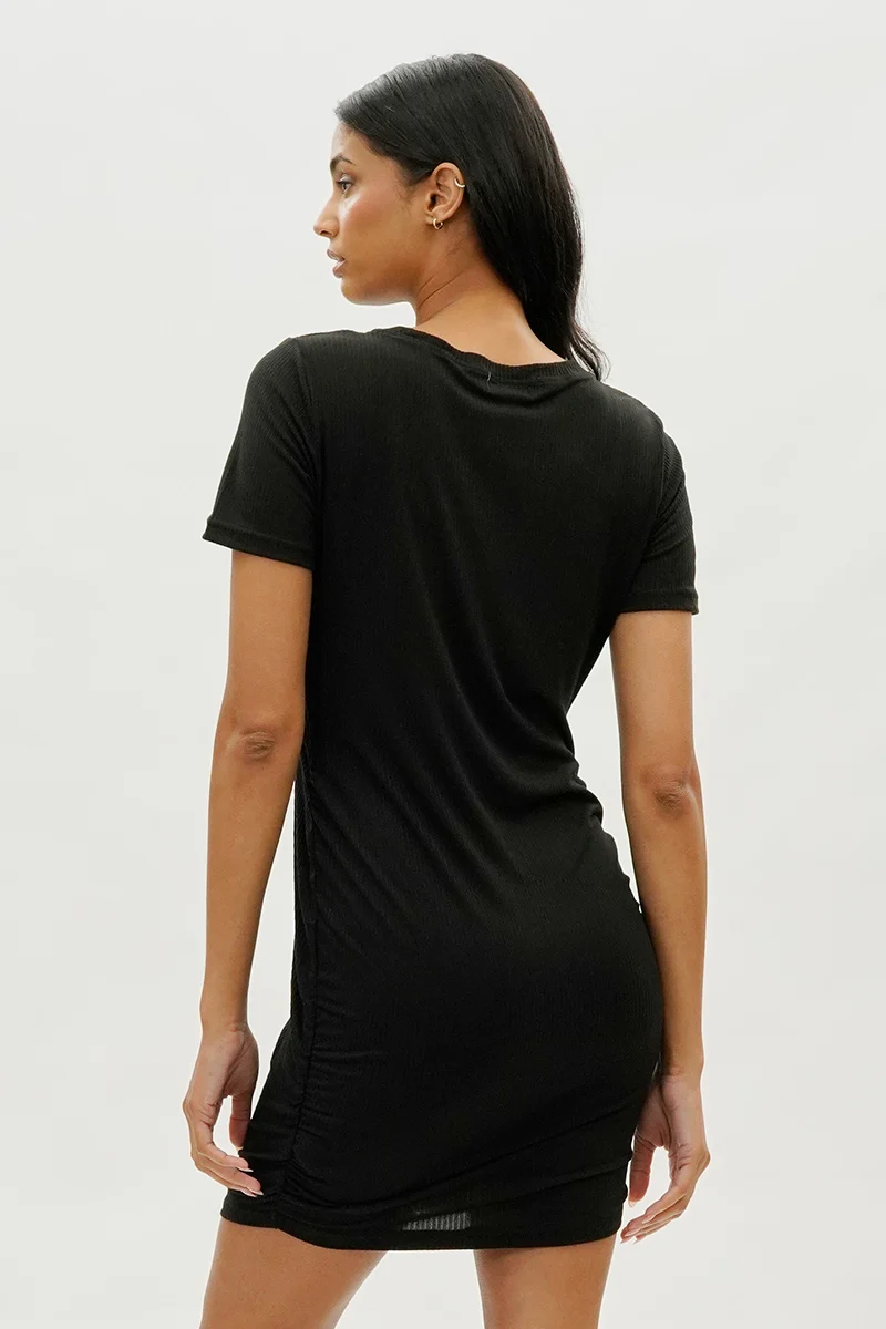 Ribbed Short Sleeve Ruched Side Day Dress - Black - Image 3